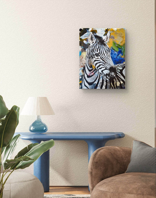 Expressiv-realistisches Gemälde Stolzes Zebra – handgemaltes Original Acrylbild (30 x 40 cm) auf Leinwand von H1Z ART in lebendiger Atmosphäre