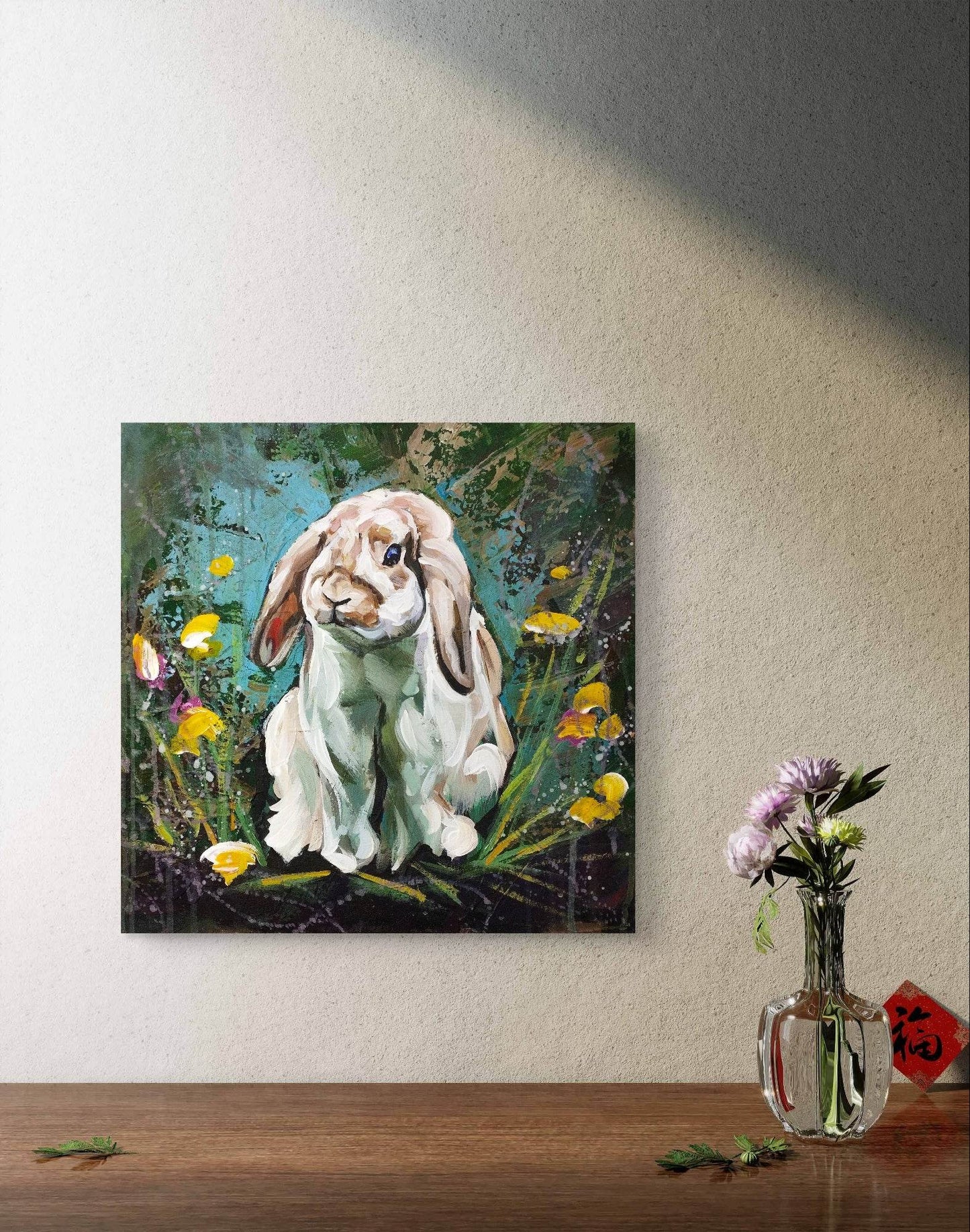 Gemälde floral Kaninchen – handgemaltes Original Acrylbild (40 x 40 cm)