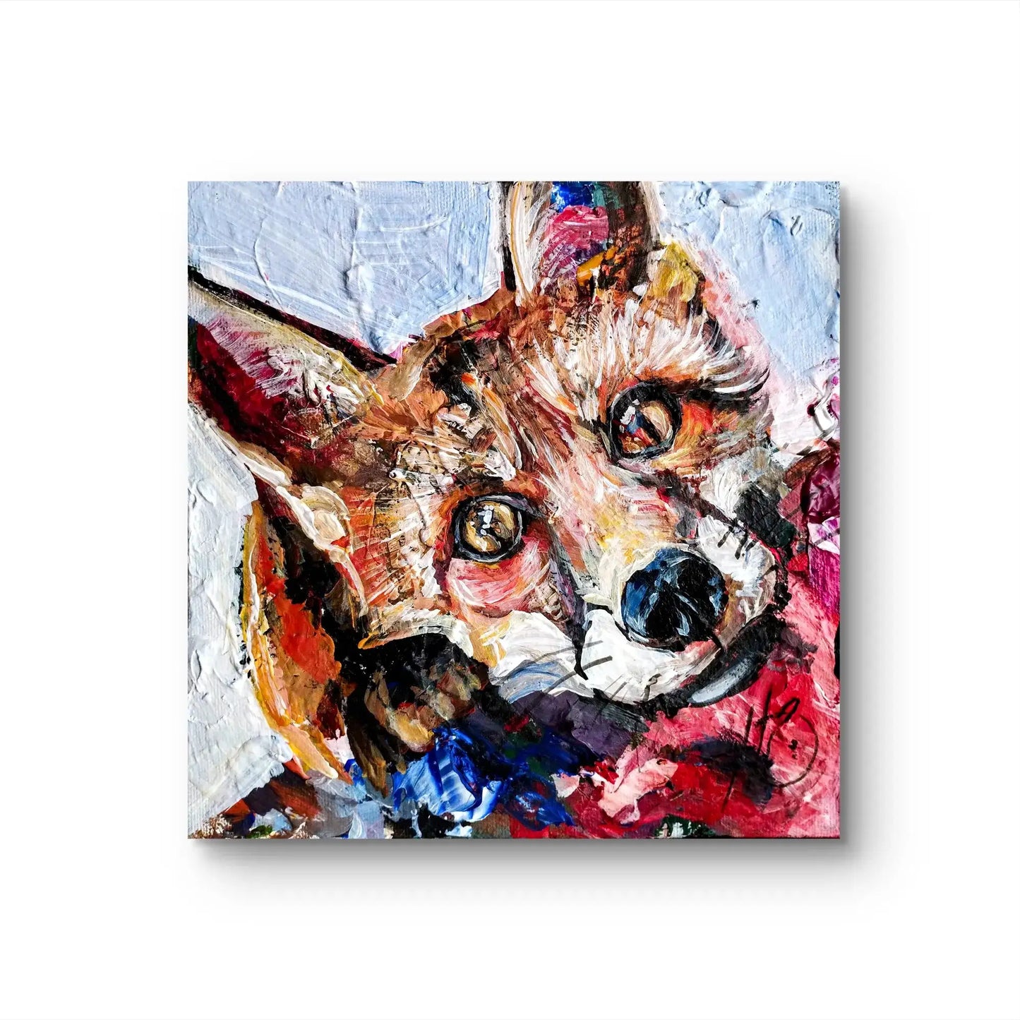 Vollbild Acrylgemälde Fuchs-Porträt in knalligen Farben. Handgemalte Tierkunst mit pastoser Textur.