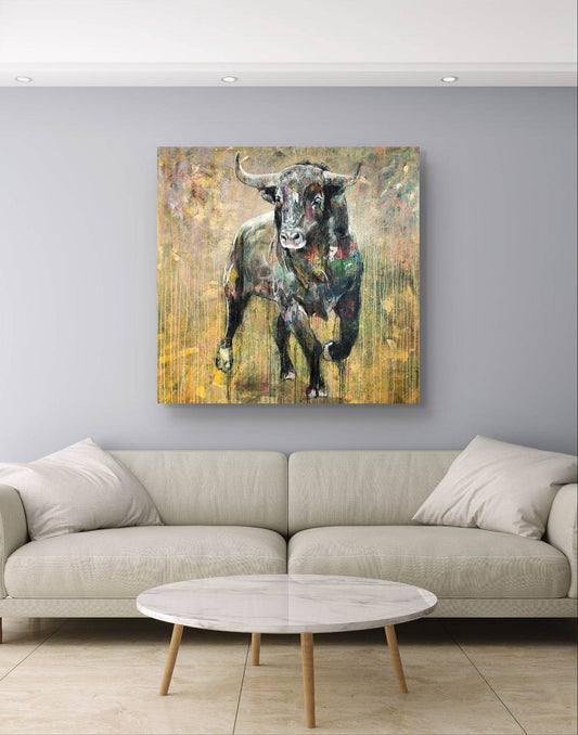 Expressiv-realistisches Gemälde Stolzer Stier – handgemaltes Original Acrylbild (140 x 140 cm) auf Leinwand von H1Z ART in lebendiger Atmosphäre