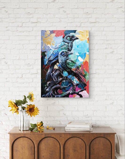 H1Z ART Acrylbild Gemälde Raben auf Ast – handgemaltes Original Acrylbild (50 x 70 cm)