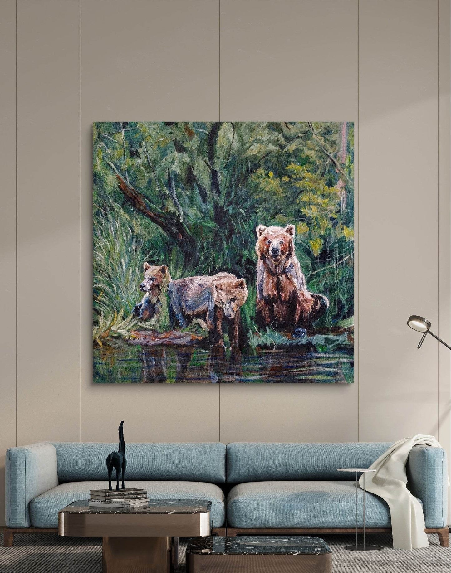 Gemälde Drei Bären im Wald – handgemaltes Original Acrylbild (100 x 100 cm) - H1Z Art