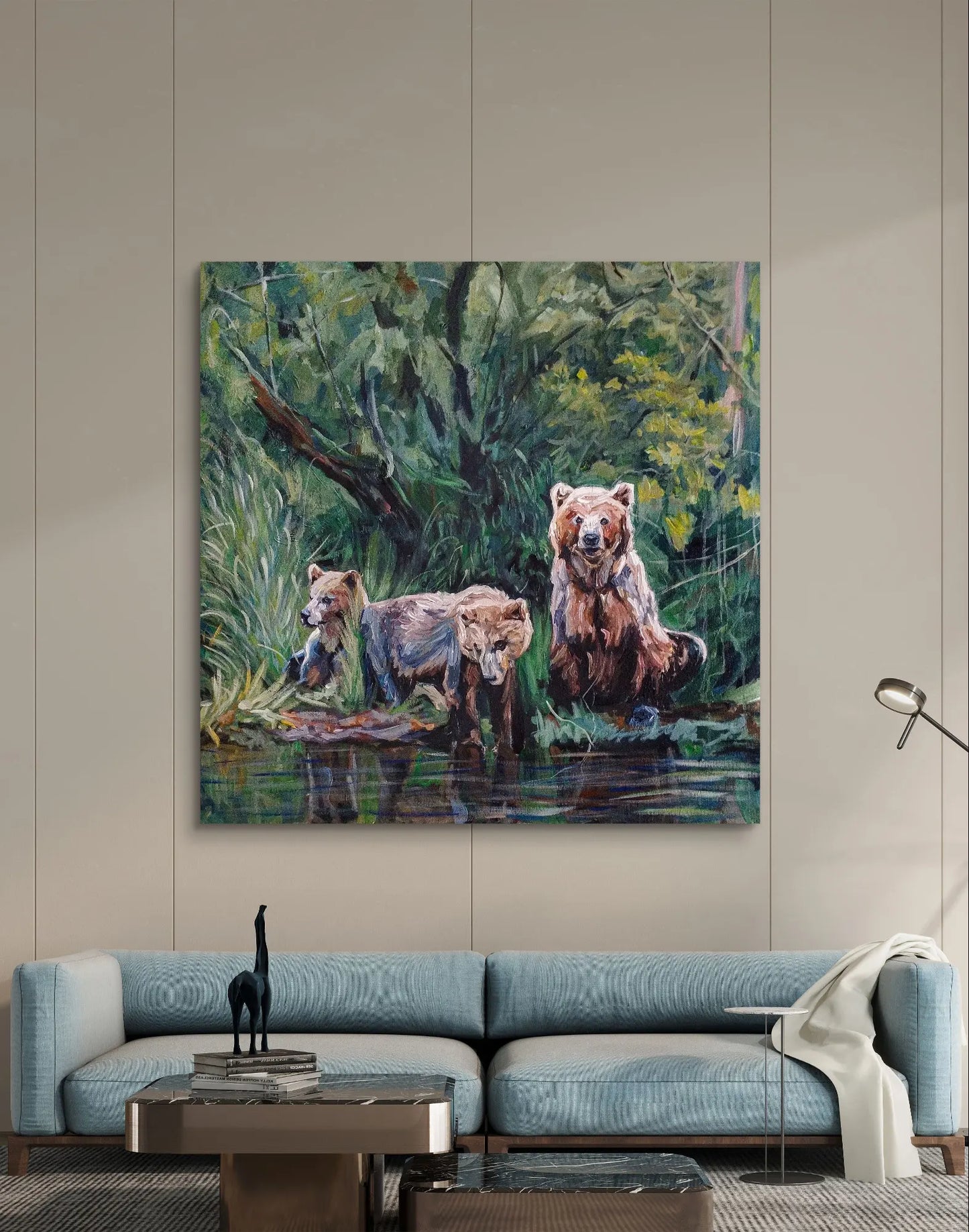 Painting Three Bears in the Forest – hand-painted original acrylic painting (100 x 100 cm)
