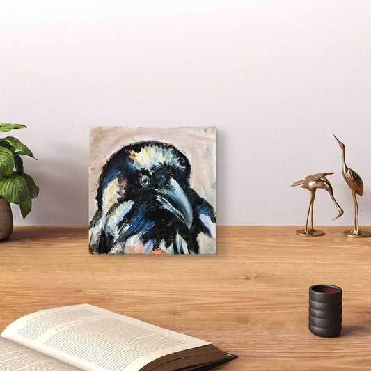 Expressiv-realistisches Gemälde Rabe – handgemaltes Original Acrylbild (10 x 10 cm) auf Leinwand von H1Z ART in lebendiger Atmosphäre