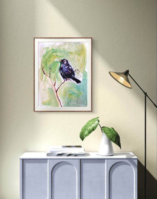 Expressiv-realistisches Aquarellbild "Amsel" (30 × 40 cm) auf Leinwand von H1Z ART in lebendiger Atmosphäre
