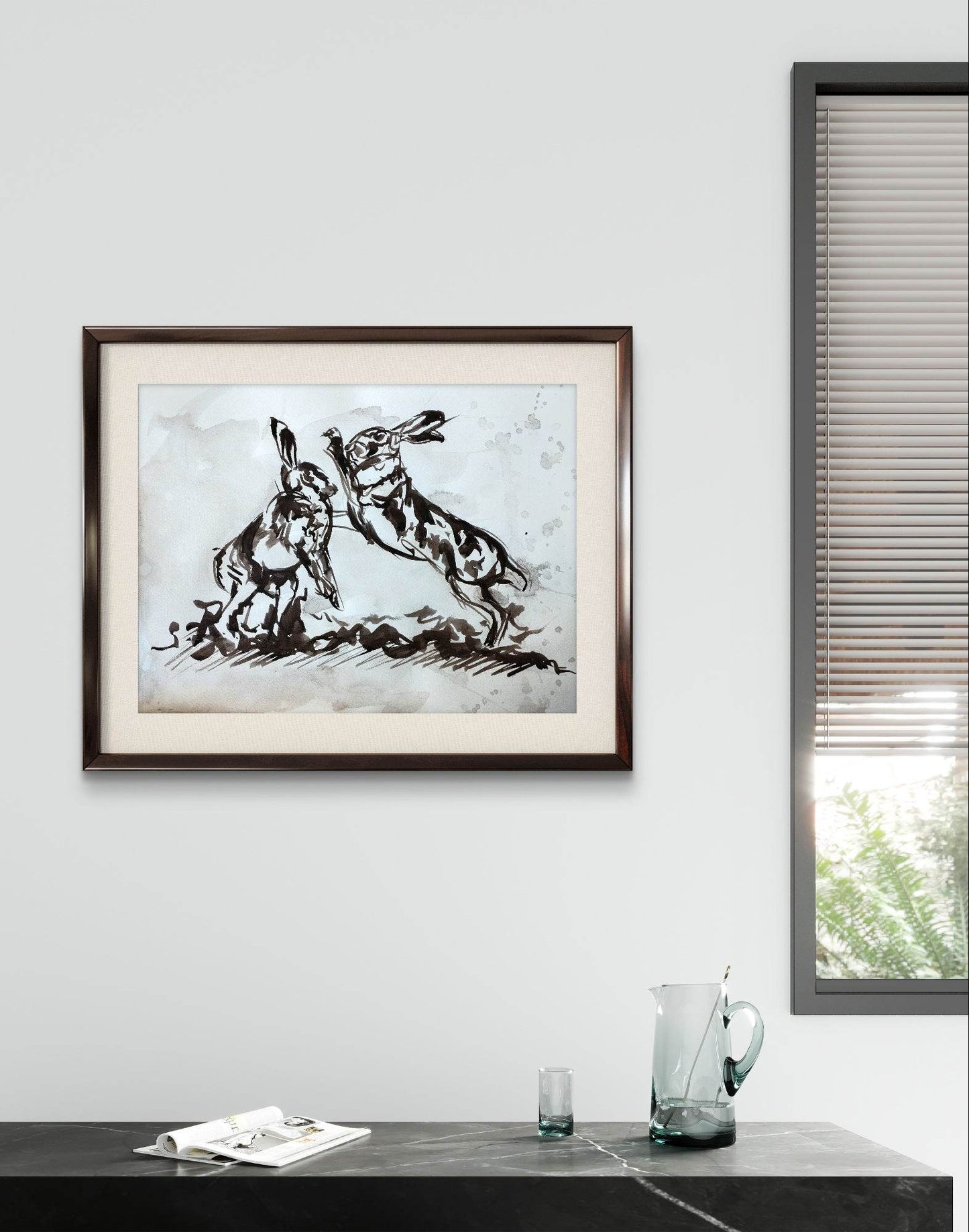 Aquarellbild „Hasen im Streit“ – Handgemaltes Tiermotiv (30 × 40 cm)