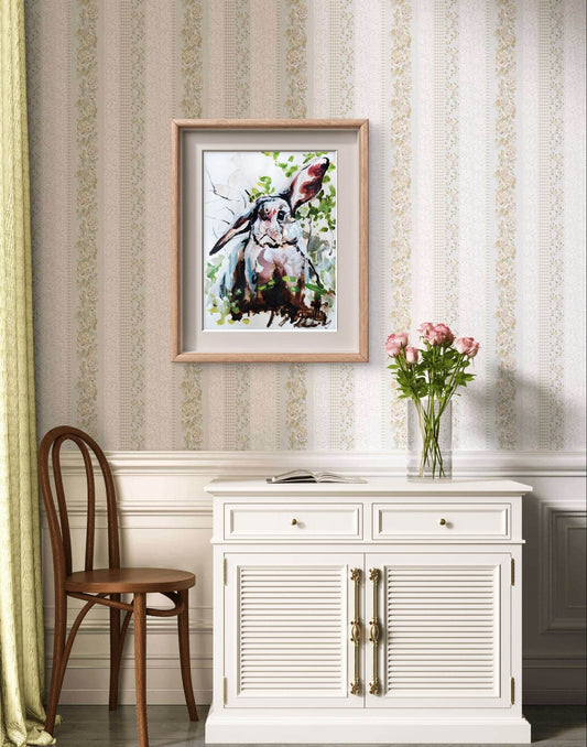 Expressiv-realistisches Aquarellbild "Kaninchen im Feld" (30 × 40 cm) auf Leinwand von H1Z ART in lebendiger Atmosphäre