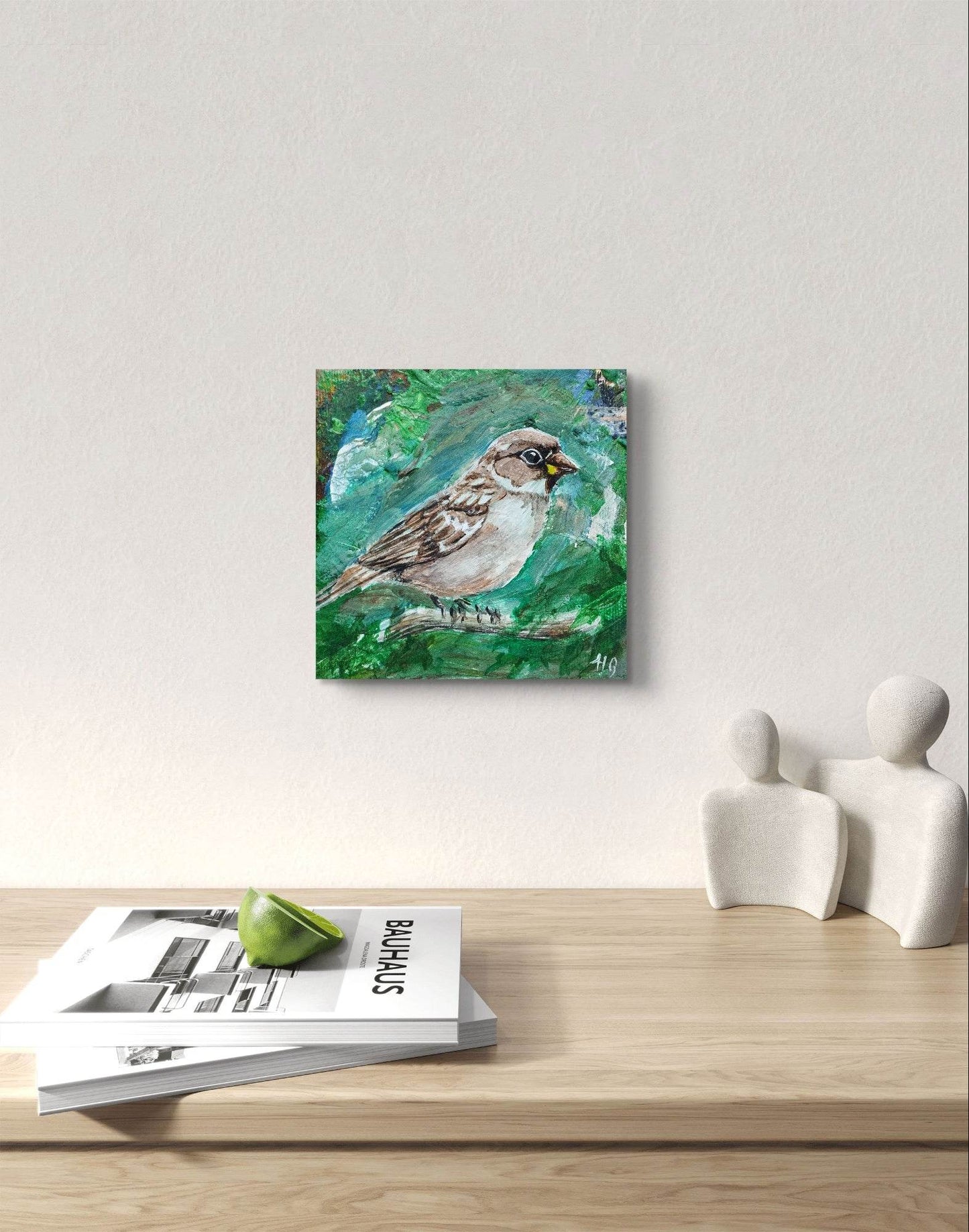Heinz Acrylbild Wandbild Sperling Acryl auf Leinwand (10 x 10 cm)