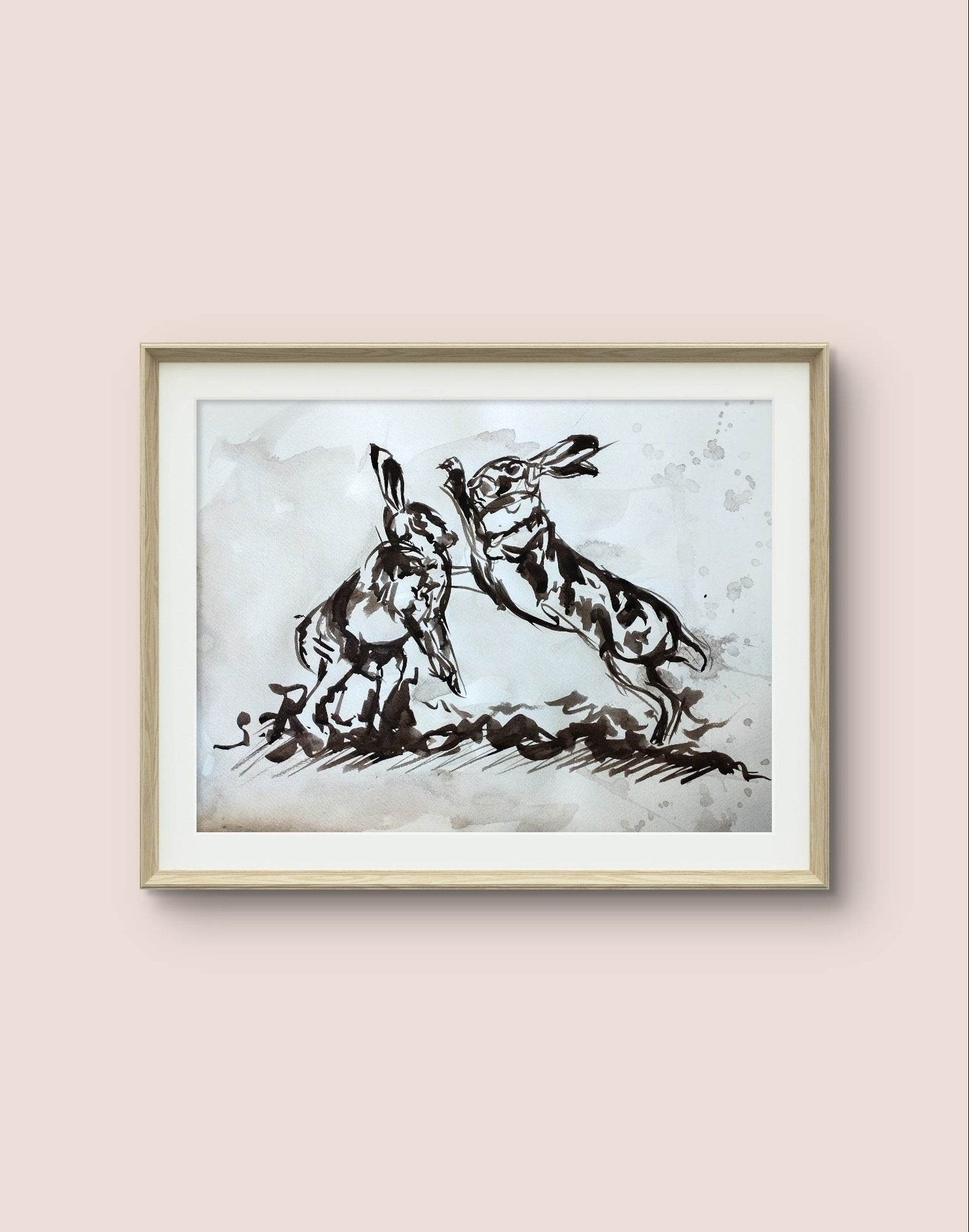 Aquarellbild „Hasen im Streit“ – Handgemaltes Tiermotiv (30 × 40 cm)