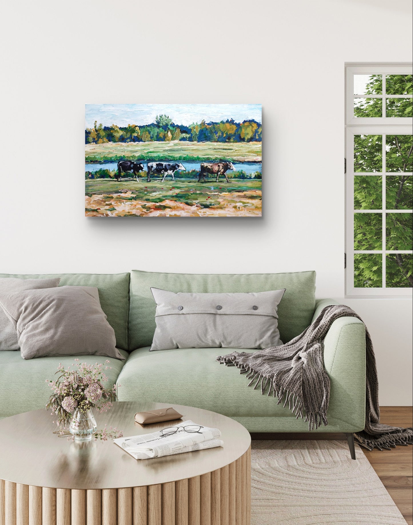 Heinz Acrylbild Acrylgemälde auf Leinwand - „Am Fluss der Kühe – Ein Sommertag“ 95 x 60 cm
