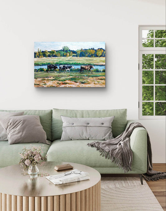 Expressiv-realistisches Gemälde Kühe am Flussufer – handgemaltes Original Acrylbild (95 x 60 cm) auf Leinwand von H1Z ART in lebendiger Atmosphäre