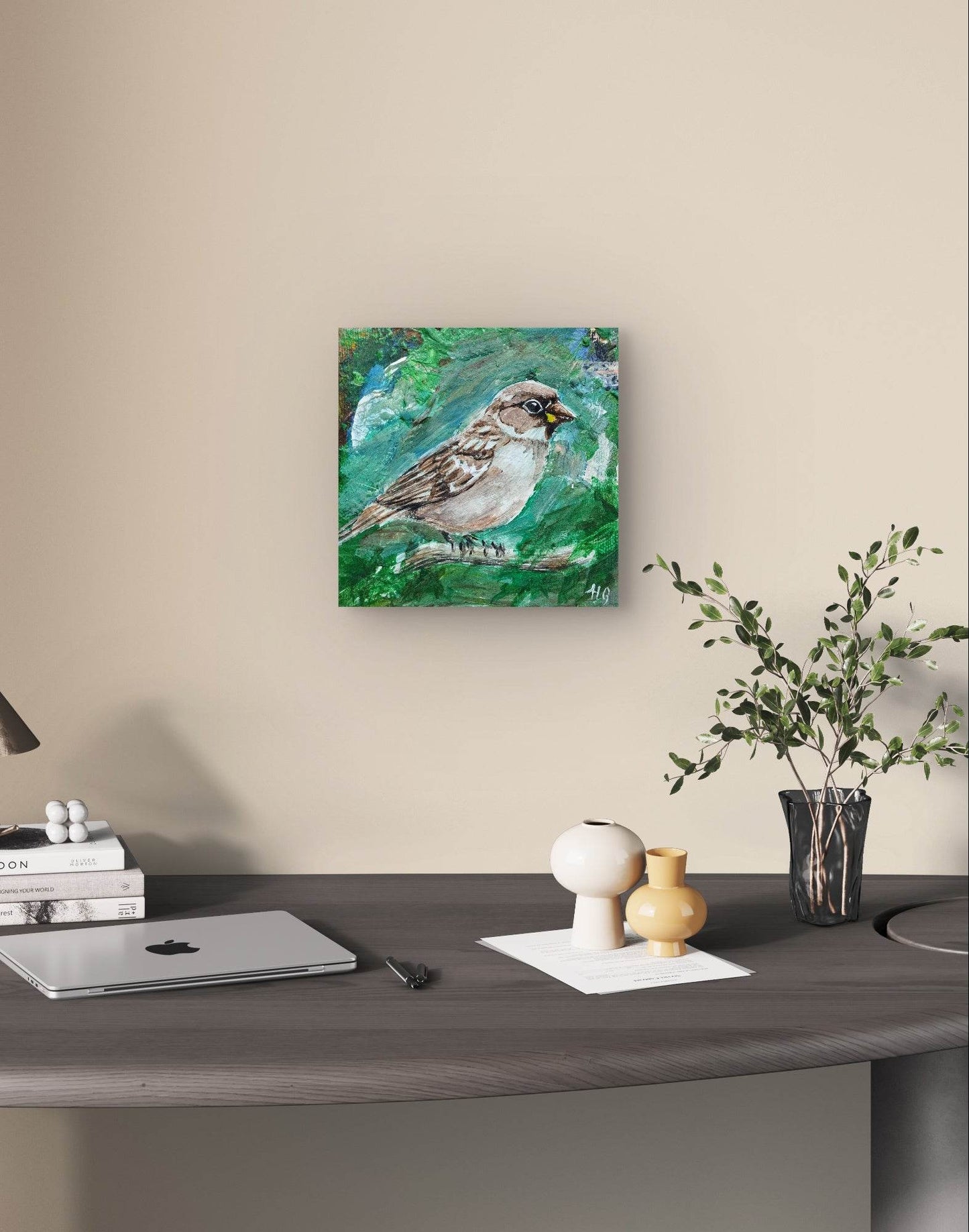 Heinz Acrylbild Wandbild Sperling Acryl auf Leinwand (10 x 10 cm)