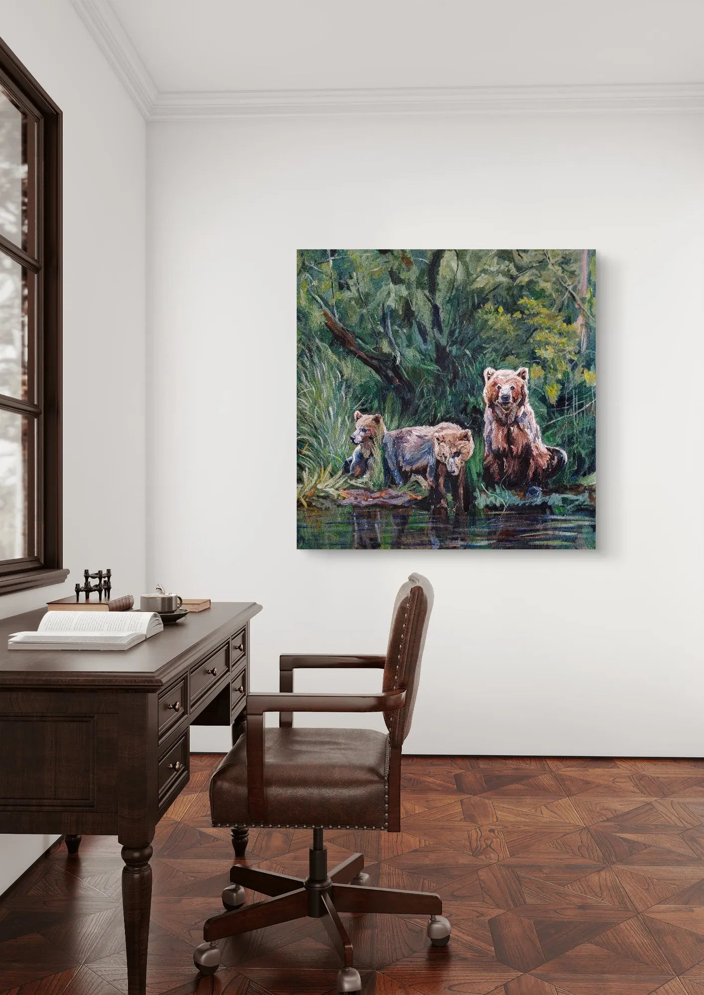 Painting Three Bears in the Forest – hand-painted original acrylic painting (100 x 100 cm)