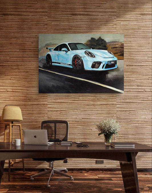 Expressiv-realistisches Gemälde Porsche – GT3 – handgemaltes Original Acrylbild (120 x 80 cm) auf Leinwand von H1Z ART in lebendiger Atmosphäre