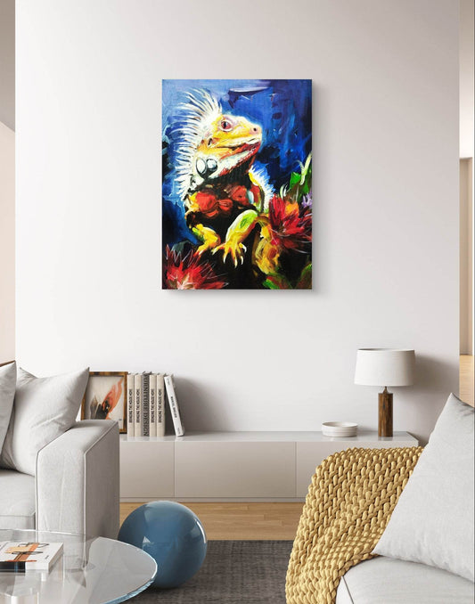 Expressiv-realistisches Gemälde Leguan – handgemaltes Original Acrylbild (50 x 70 cm) auf Leinwand von H1Z ART in lebendiger Atmosphäre