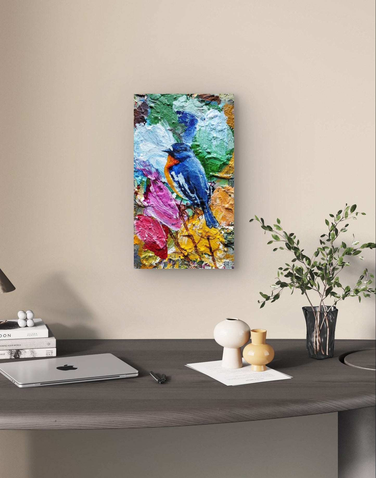 Gemälde Blauen Kehlsänger – handgemaltes Original Acrylbild (16 x 28 cm) - H1Z Art