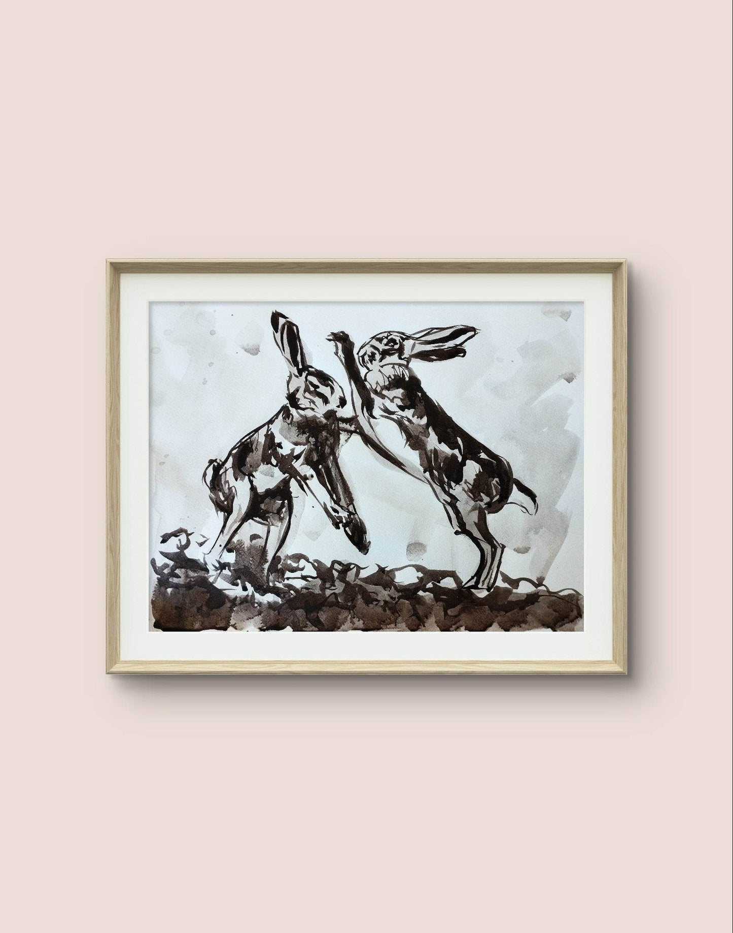 Aquarellbild „Hasen im Streit“ – Handgemaltes Tiermotiv (30 × 40 cm)