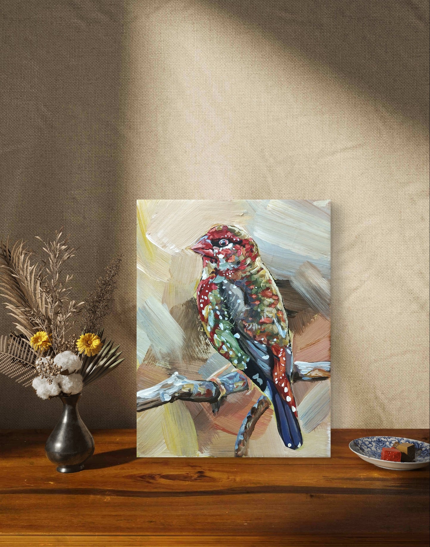 Gemälde "Erdbeerfink im Sonnenlicht" 18 x 24 cm - Heinz