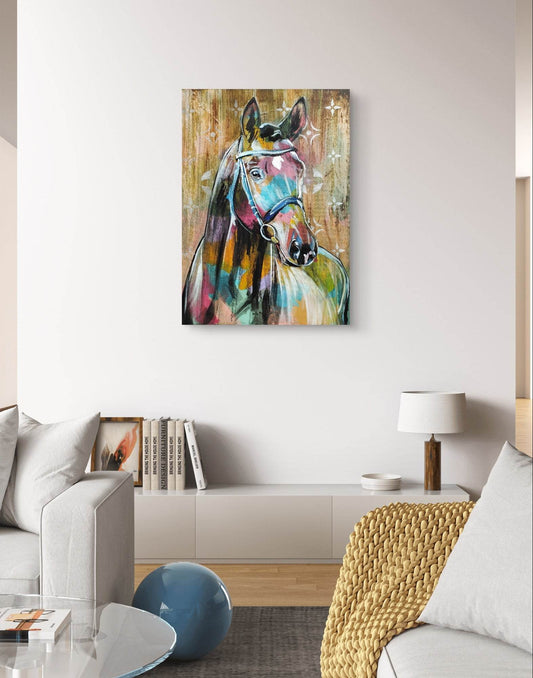 Expressiv-realistisches Gemälde bunter Pferd Original Acrylbild (50 x 70 cm) auf Leinwand von H1Z ART in lebendiger Atmosphäre