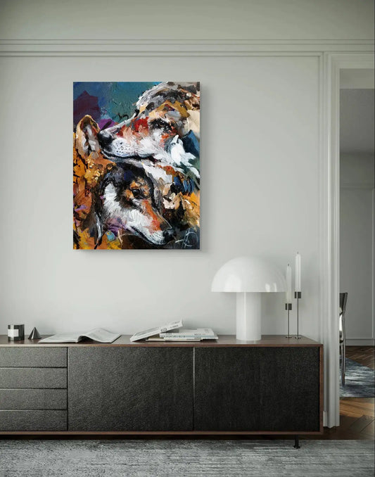 Expressiv-realistisches Gemälde Wölfe Treue Gefährten – handgemaltes Original Acrylbild (40 x 30 cm) auf Leinwand von H1Z ART in lebendiger Atmosphäre
