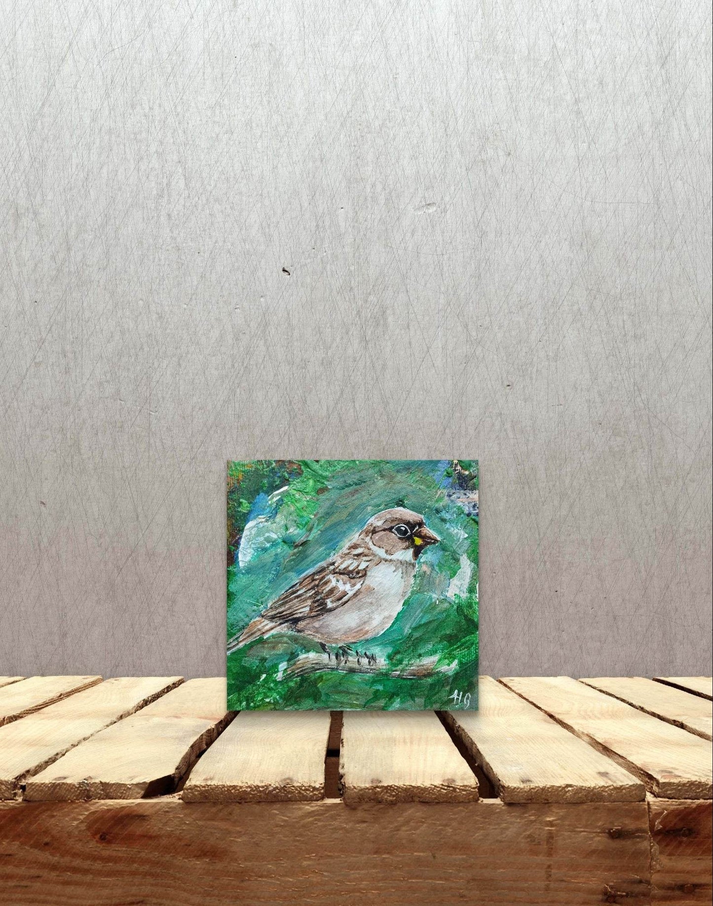 Heinz Acrylbild Wandbild Sperling Acryl auf Leinwand (10 x 10 cm)