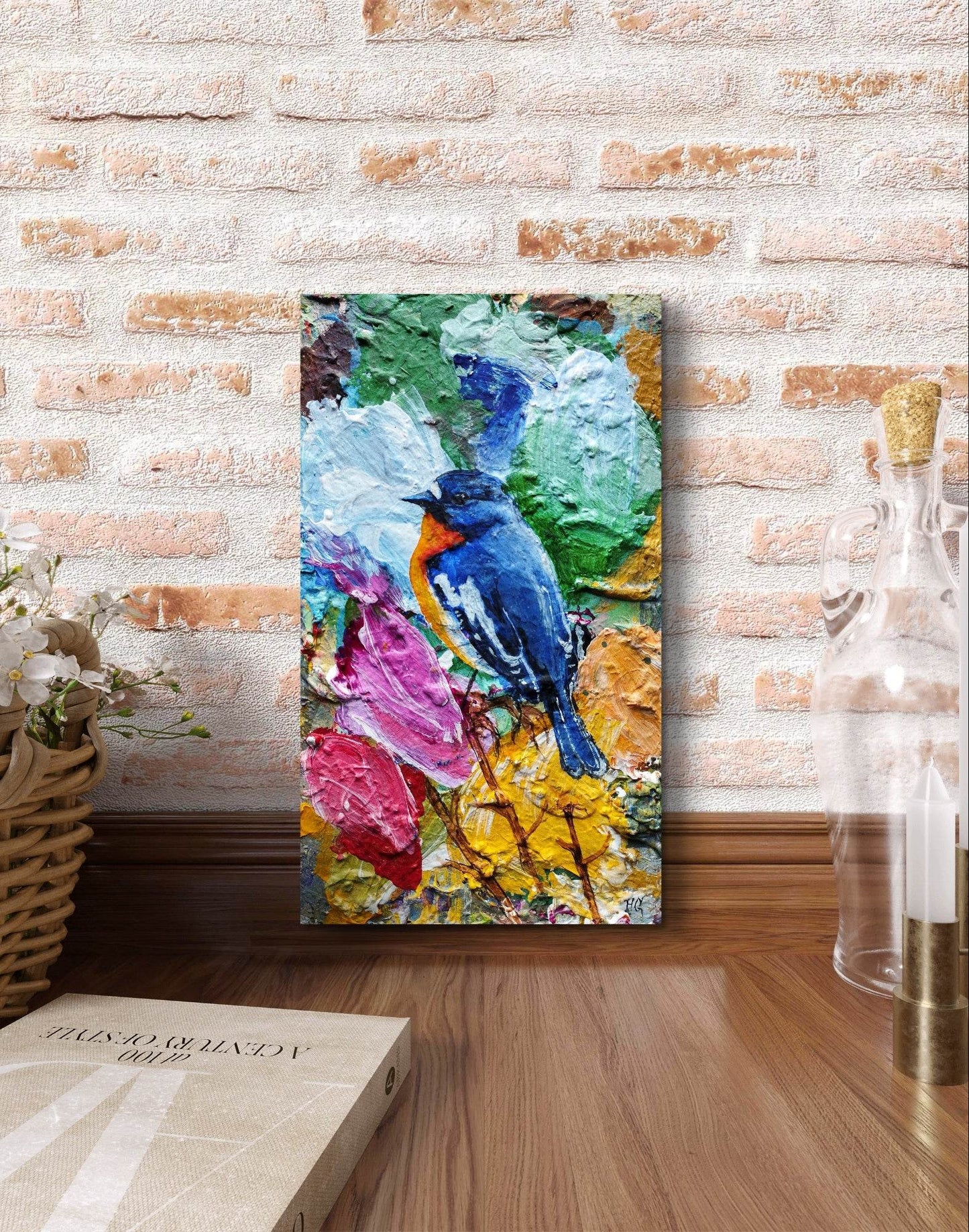 Gemälde Blauen Kehlsänger – handgemaltes Original Acrylbild (16 x 28 cm) - H1Z Art