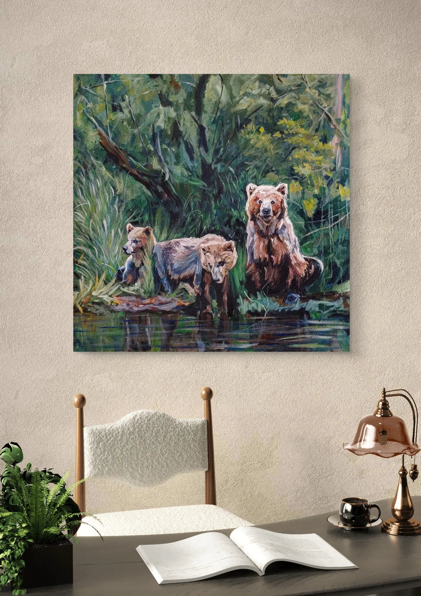 Painting Three Bears in the Forest – hand-painted original acrylic painting (100 x 100 cm)