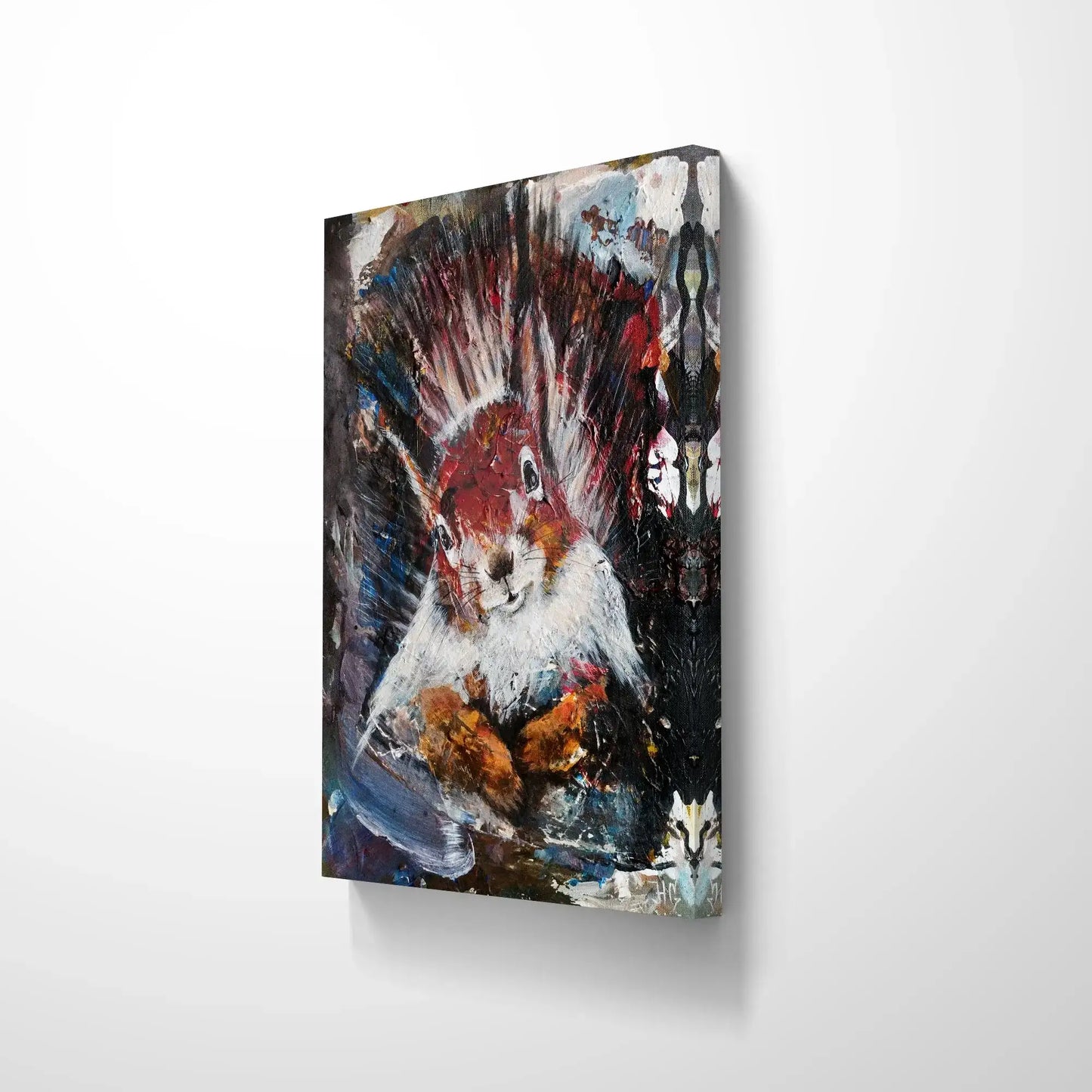 Acrylgemälde Eichhörnchen, Seitenansicht zeigt dicken Keilrahmen und pastose Pinselstriche.