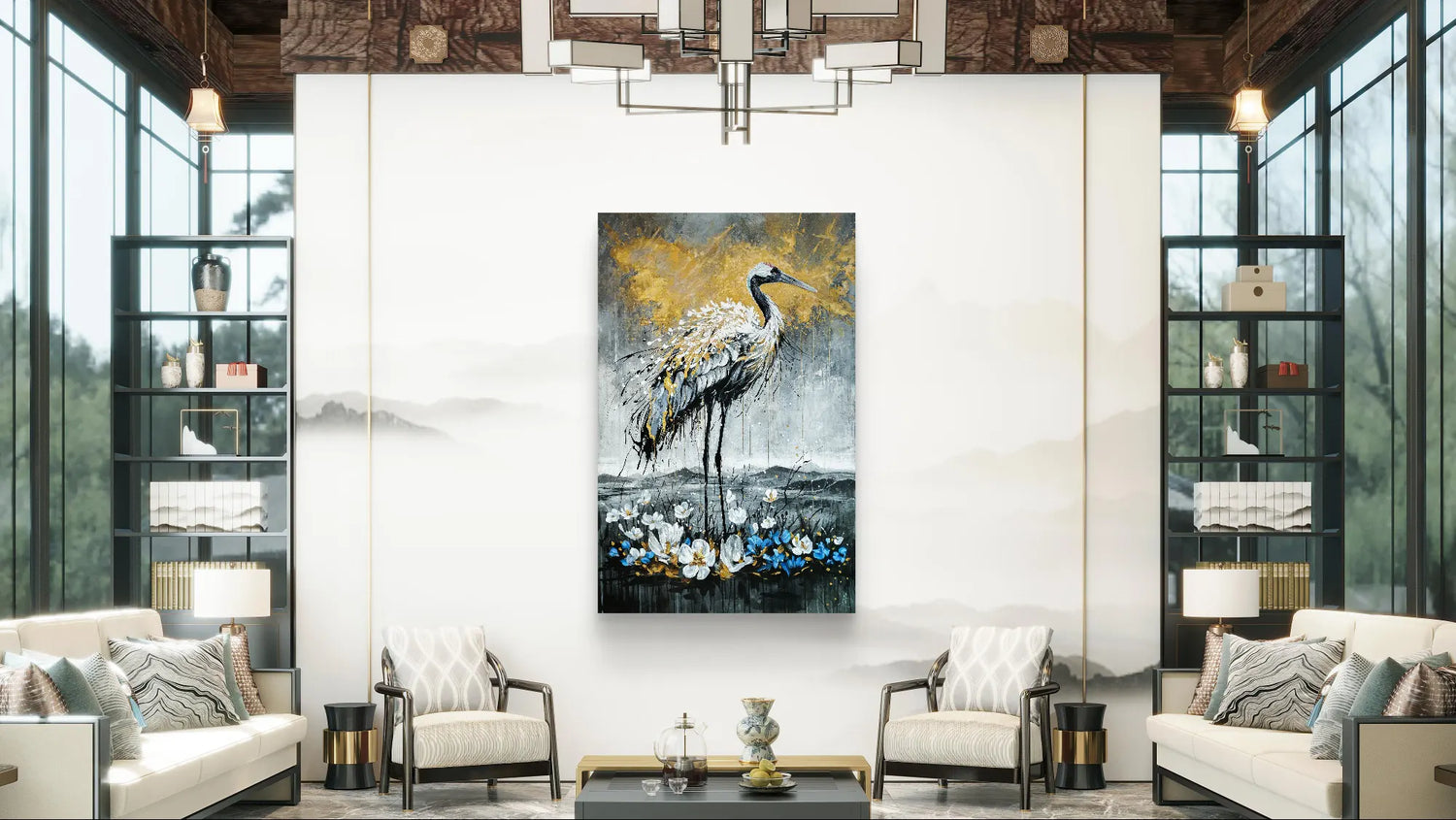Golden Traces, handgemalte kranich, hängt in einem Interior im luxus wohnzimmer. gemalt von daniel heinz, danh1z. großes gemälde