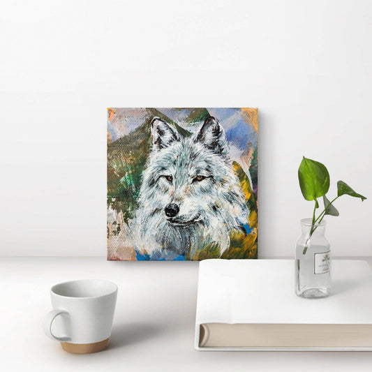 Expressiv-realistisches Gemälde Wolf – handgemaltes Original Acrylbild (10 x 10 cm) auf Leinwand von H1Z ART in lebendiger Atmosphäre