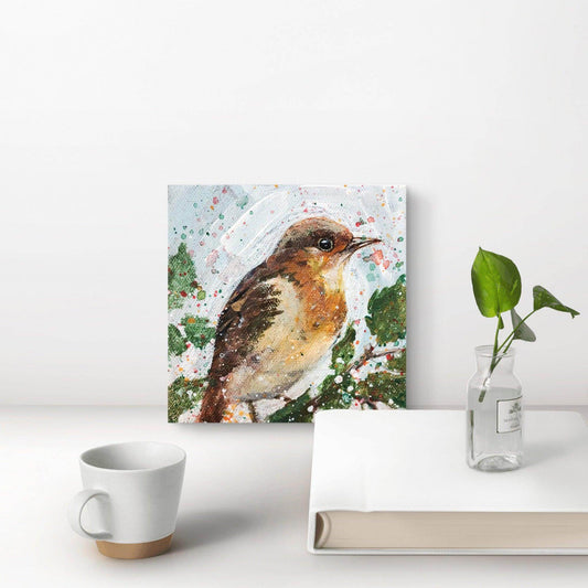 Expressiv-realistisches Gemälde Rotkehlchen - handgemaltes Original Acrylbild (10 x 10 cm) auf Leinwand von H1Z ART in lebendiger Atmosphäre