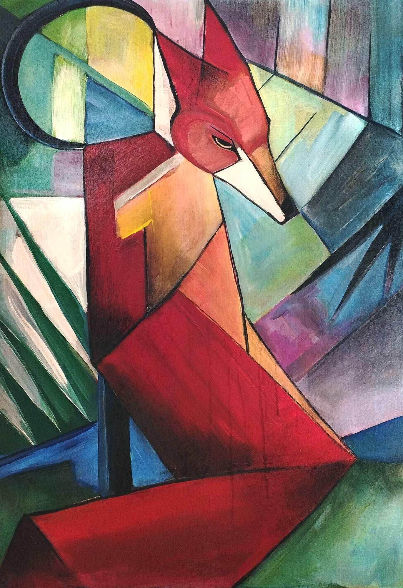 H1Z ART Acrylbild Gemälde Fuchs in Kubismus – handgemaltes Original Acrylbild (100 x 70 cm)