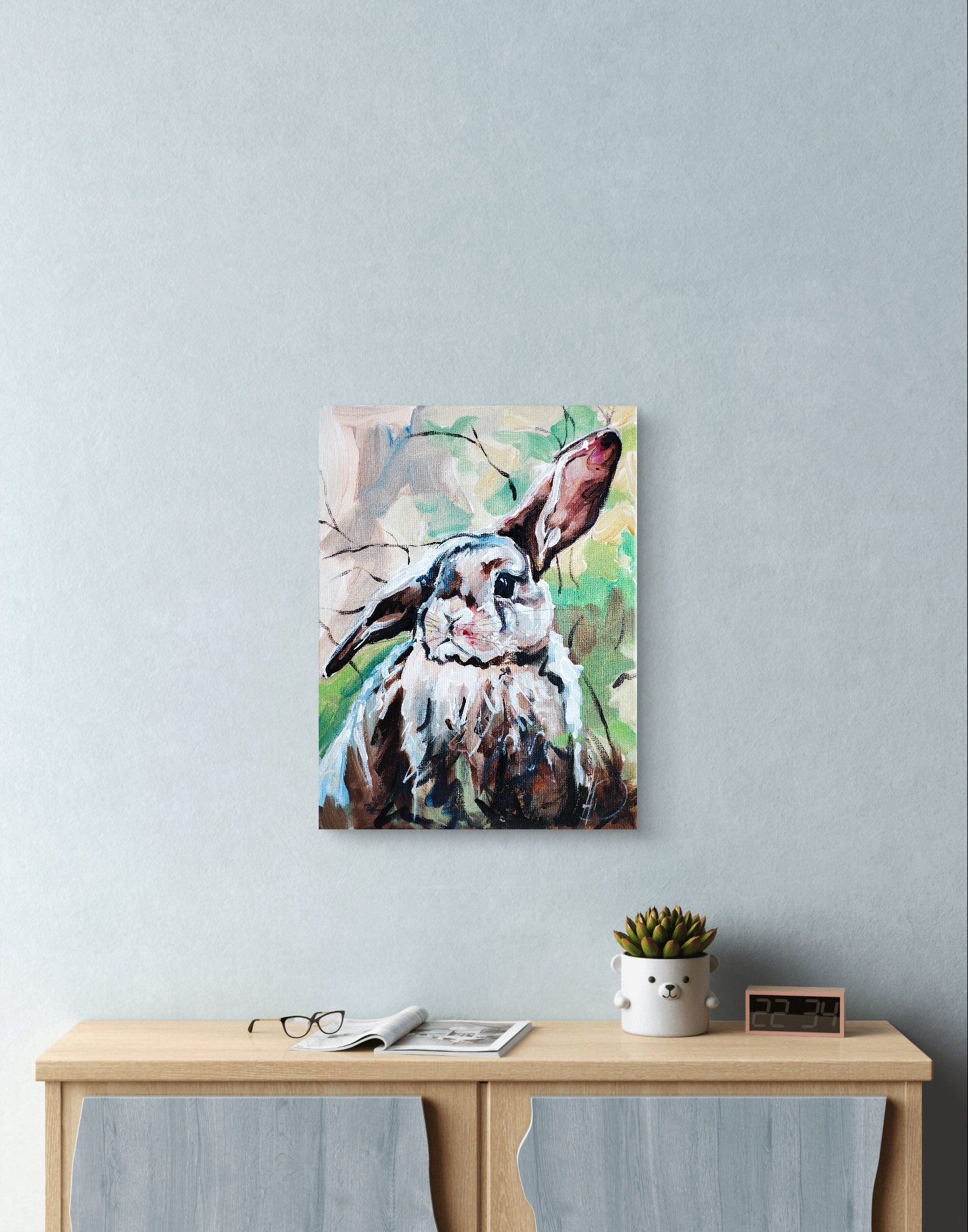 Heinz Acrylbild Acrylgemälde auf Leinwand - „Wiesensprung – Kaninchen III“ 30 x 40 cm
