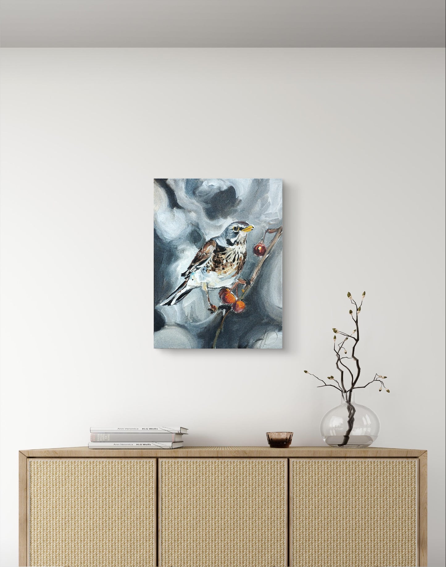Heinz Acrylbild Acrylgemälde auf Leinwand - „Wintergruß vom Zweig“ 30 x 40 cm