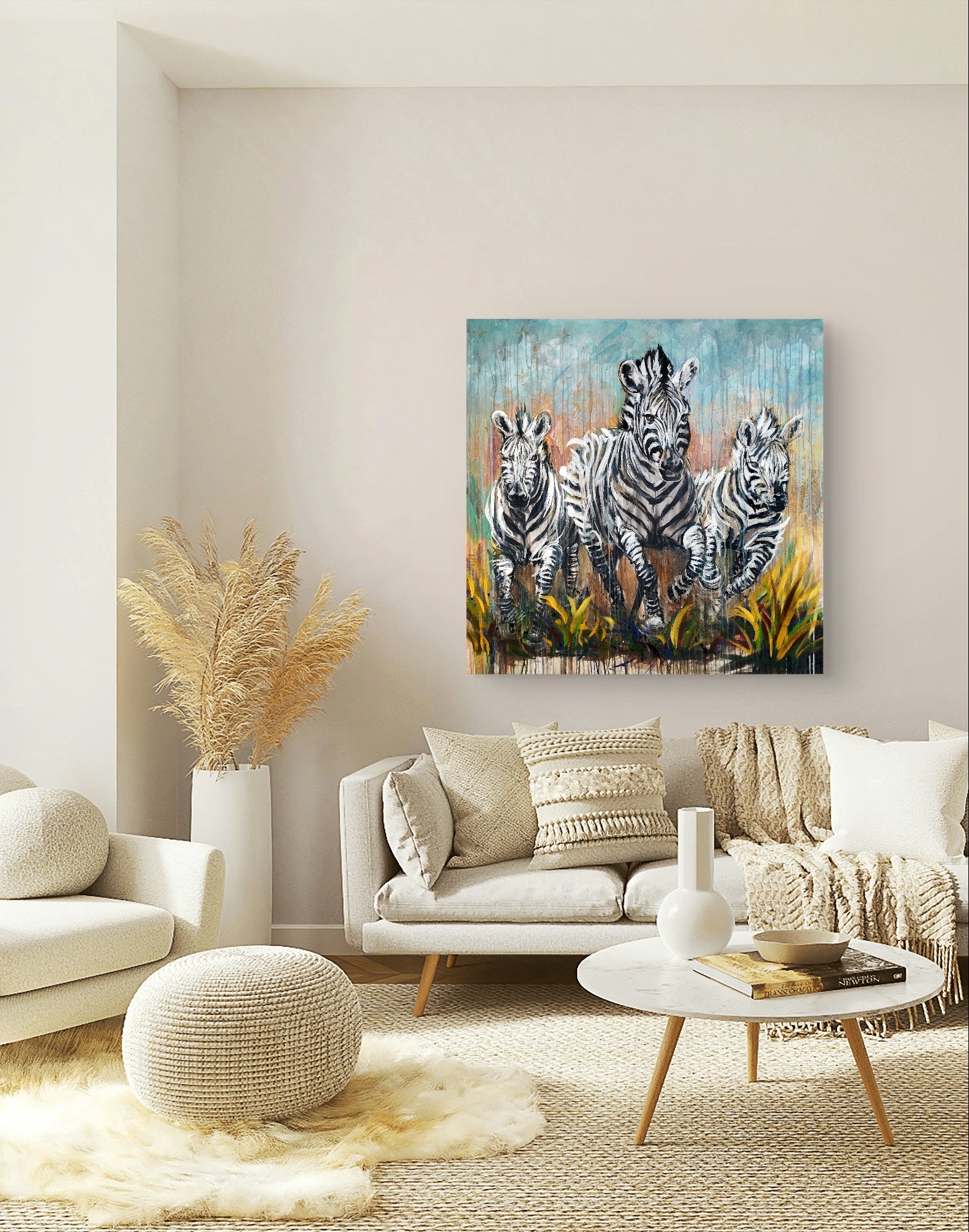 Heinz Acrylbild Acrylgemälde auf Leinwand - „Drei Zebras – drei Seelen in Bewegung“ 120 x 120 cm