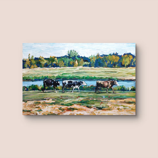 Heinz Acrylbild Acrylgemälde auf Leinwand - „Am Fluss der Kühe – Ein Sommertag“ 95 x 60 cm