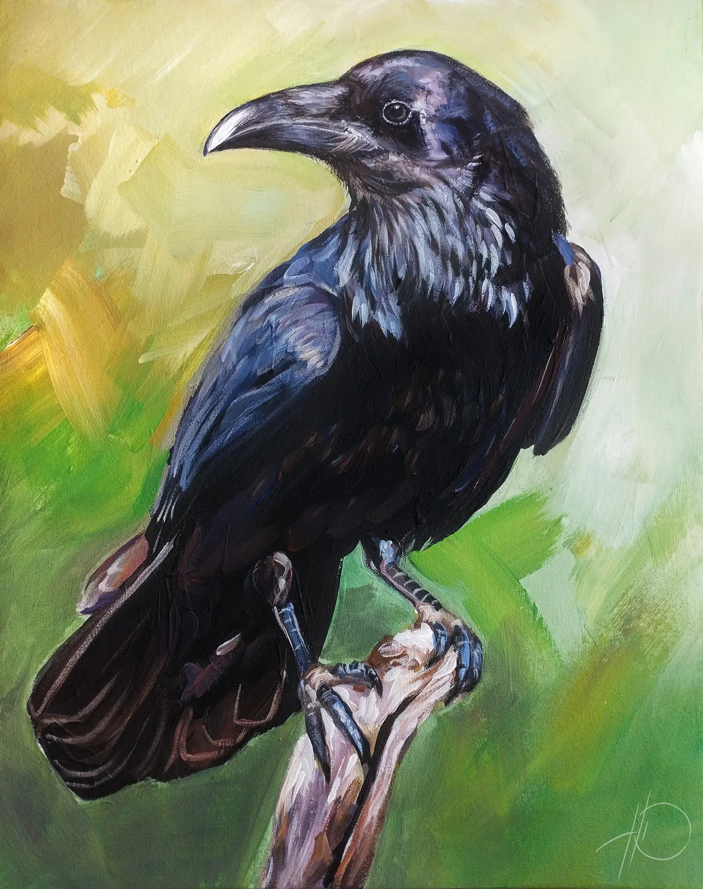 Acrylgemälde Rabe auf Ast, expressive Malweise mit tiefschwarzem Gefieder vor leuchtend grün-gelbem Hintergrund.