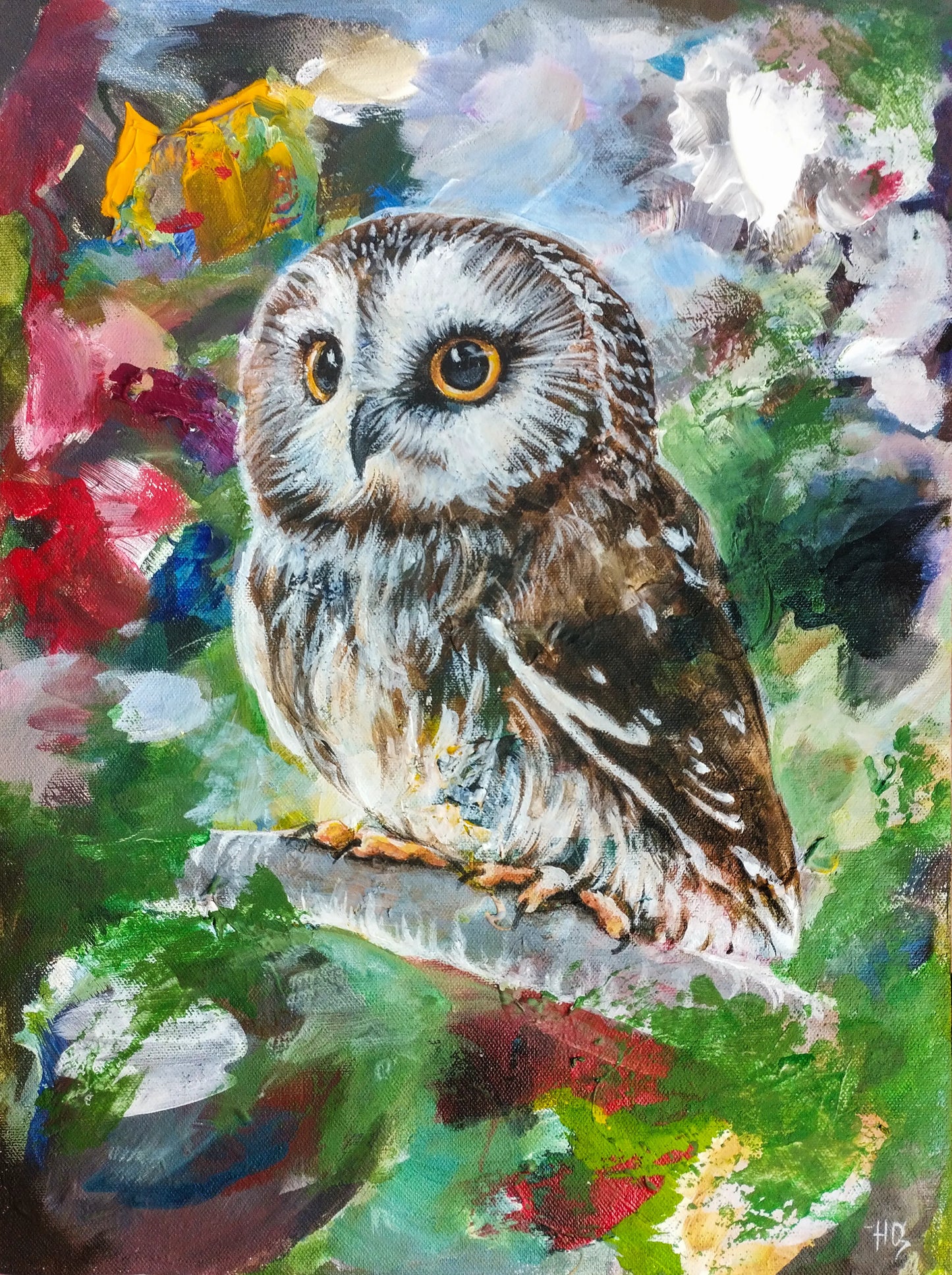 Painting little owl – hand-painted original acrylic painting (30 x 40 cm)