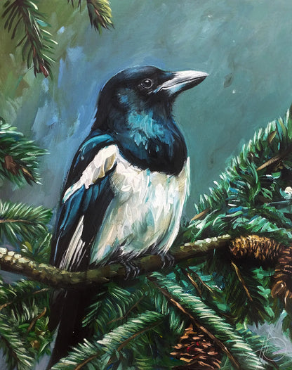 Magpie painting – hand-painted original acrylic painting (40 x 50 cm)