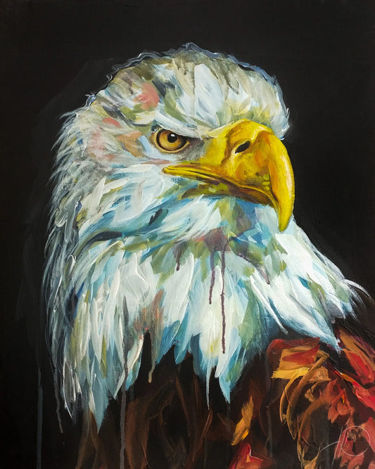Acrylgemälde Weißkopfseeadler im expressiven Stil, detailreiche Darstellung der pastosen Pinselstriche und kräftigen Farben.