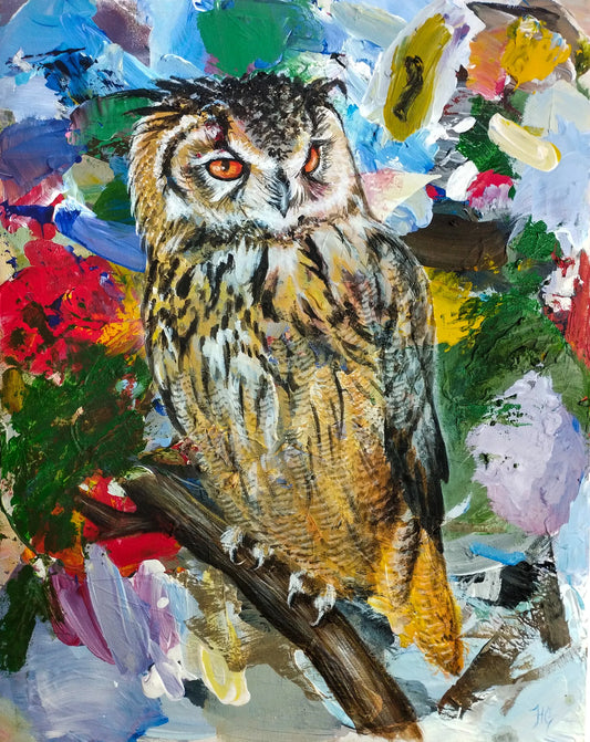 Expressives handgemaltes Acrylgemälde einer Waldohreule mit leuchtend bunten, pastosen Pinselstrichen