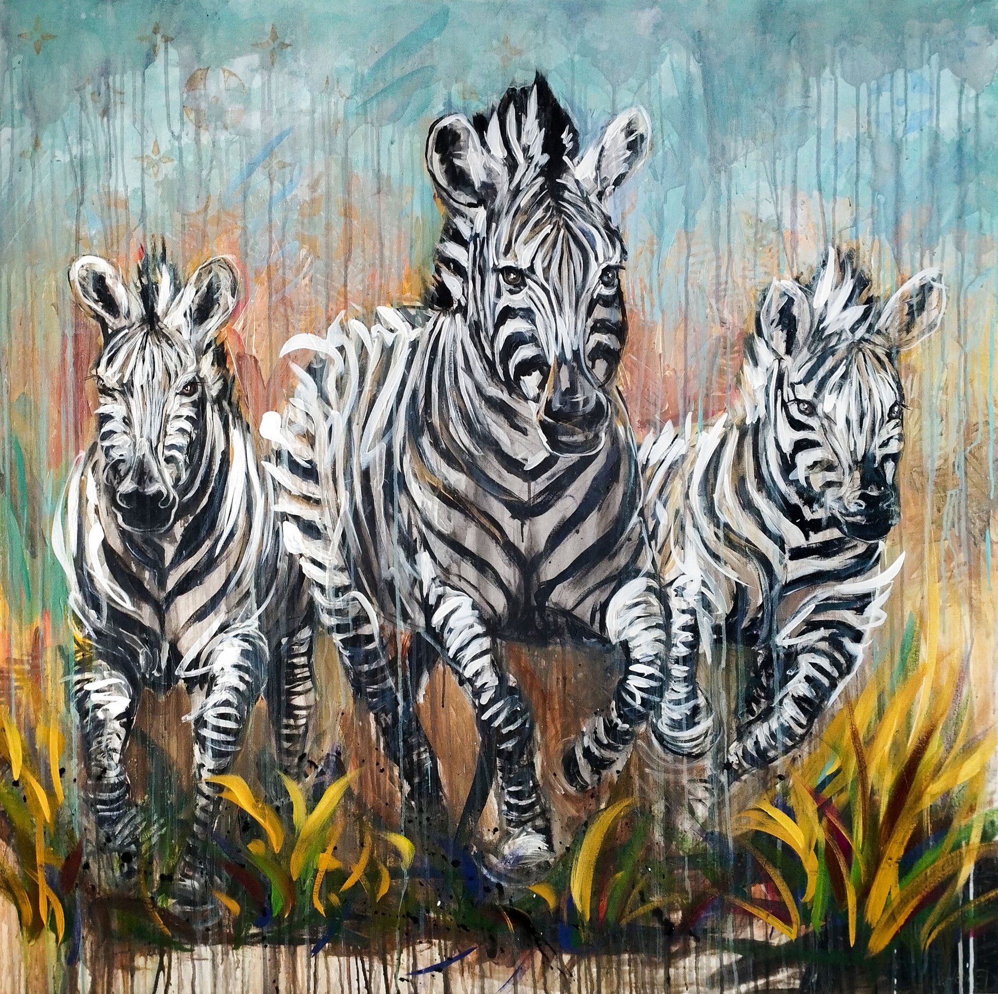 Heinz Acrylbild Acrylgemälde auf Leinwand - „Drei Zebras – drei Seelen in Bewegung“ 120 x 120 cm
