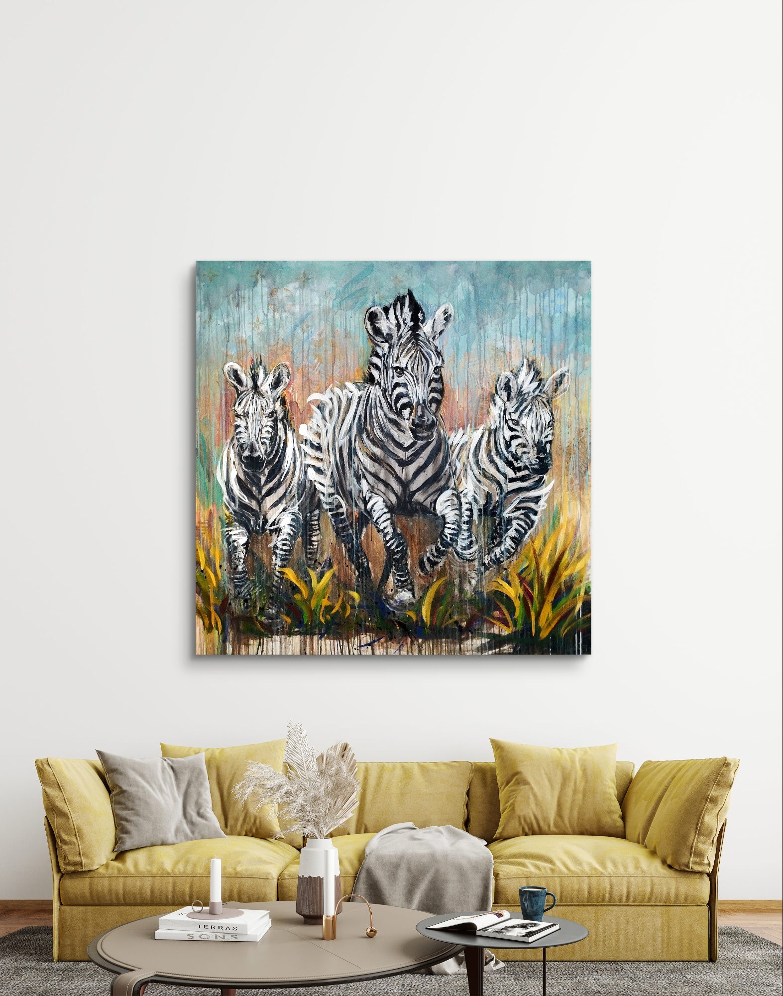 Heinz Acrylbild Acrylgemälde auf Leinwand - „Drei Zebras – drei Seelen in Bewegung“ 120 x 120 cm