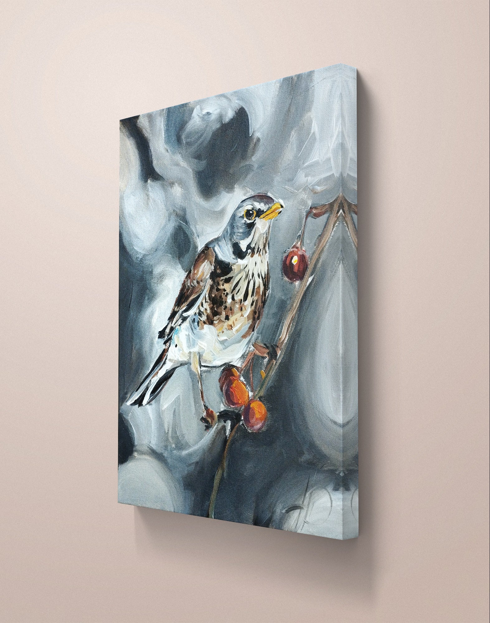 Heinz Acrylbild Acrylgemälde auf Leinwand - „Wintergruß vom Zweig“ 30 x 40 cm