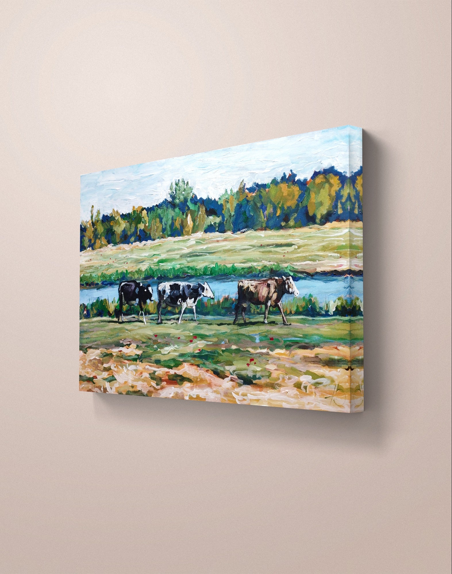 Heinz Acrylbild Acrylgemälde auf Leinwand - „Am Fluss der Kühe – Ein Sommertag“ 95 x 60 cm