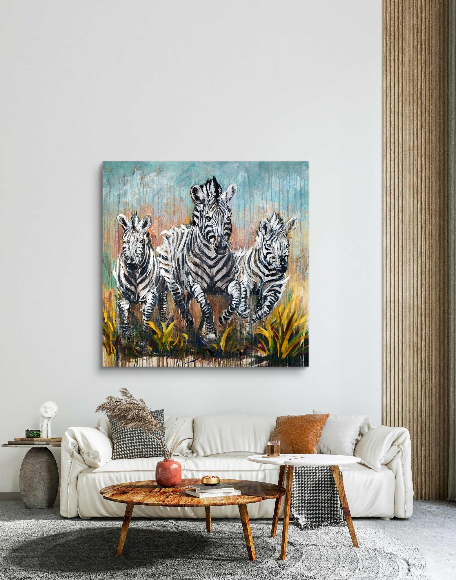 Heinz Acrylbild Acrylgemälde auf Leinwand - „Drei Zebras – drei Seelen in Bewegung“ 120 x 120 cm