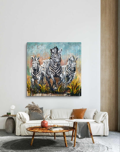Heinz Acrylbild Acrylgemälde auf Leinwand - „Drei Zebras – drei Seelen in Bewegung“ 120 x 120 cm