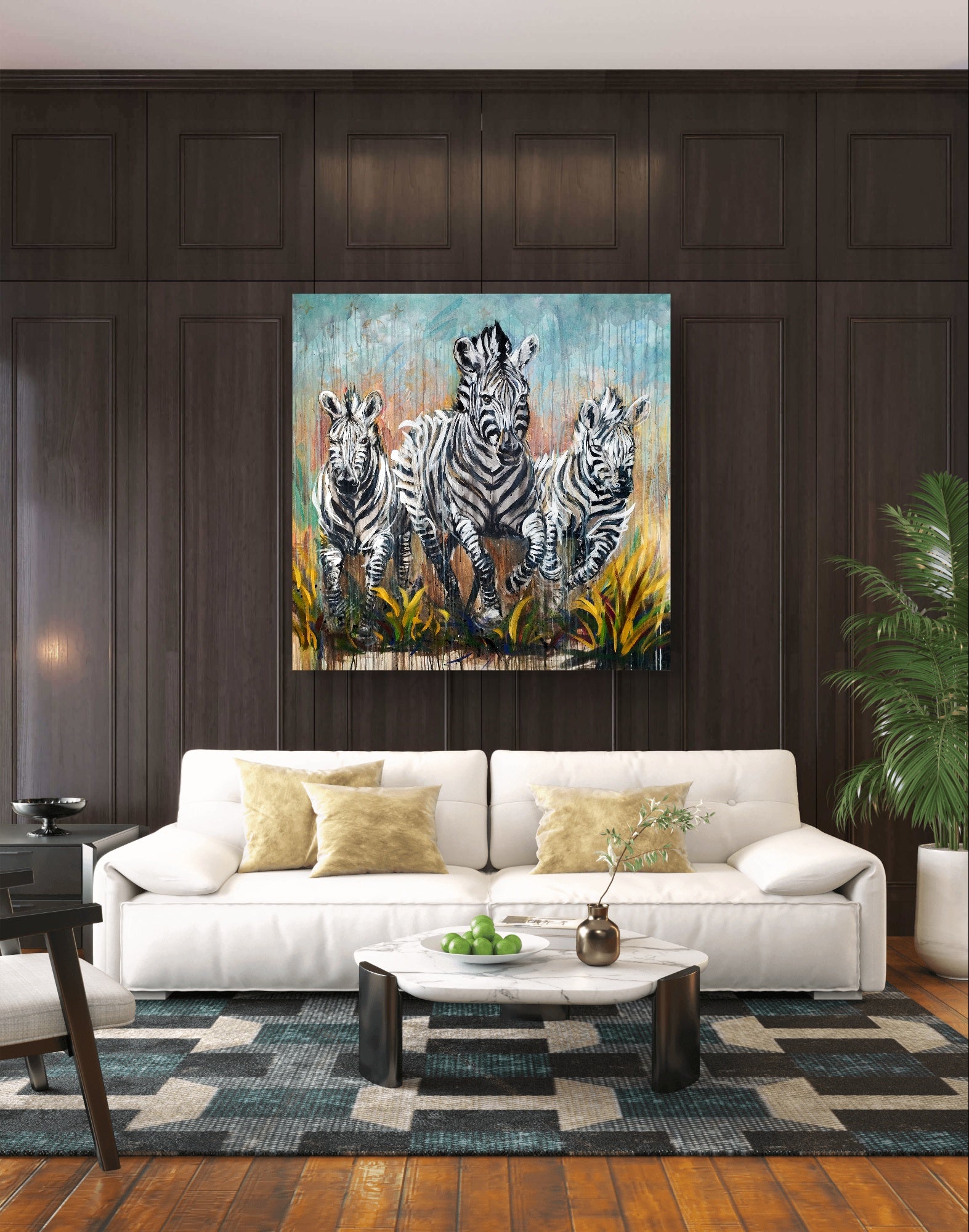 Heinz Acrylbild Acrylgemälde auf Leinwand - „Drei Zebras – drei Seelen in Bewegung“ 120 x 120 cm