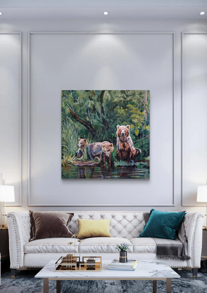Painting Three Bears in the Forest – hand-painted original acrylic painting (100 x 100 cm)