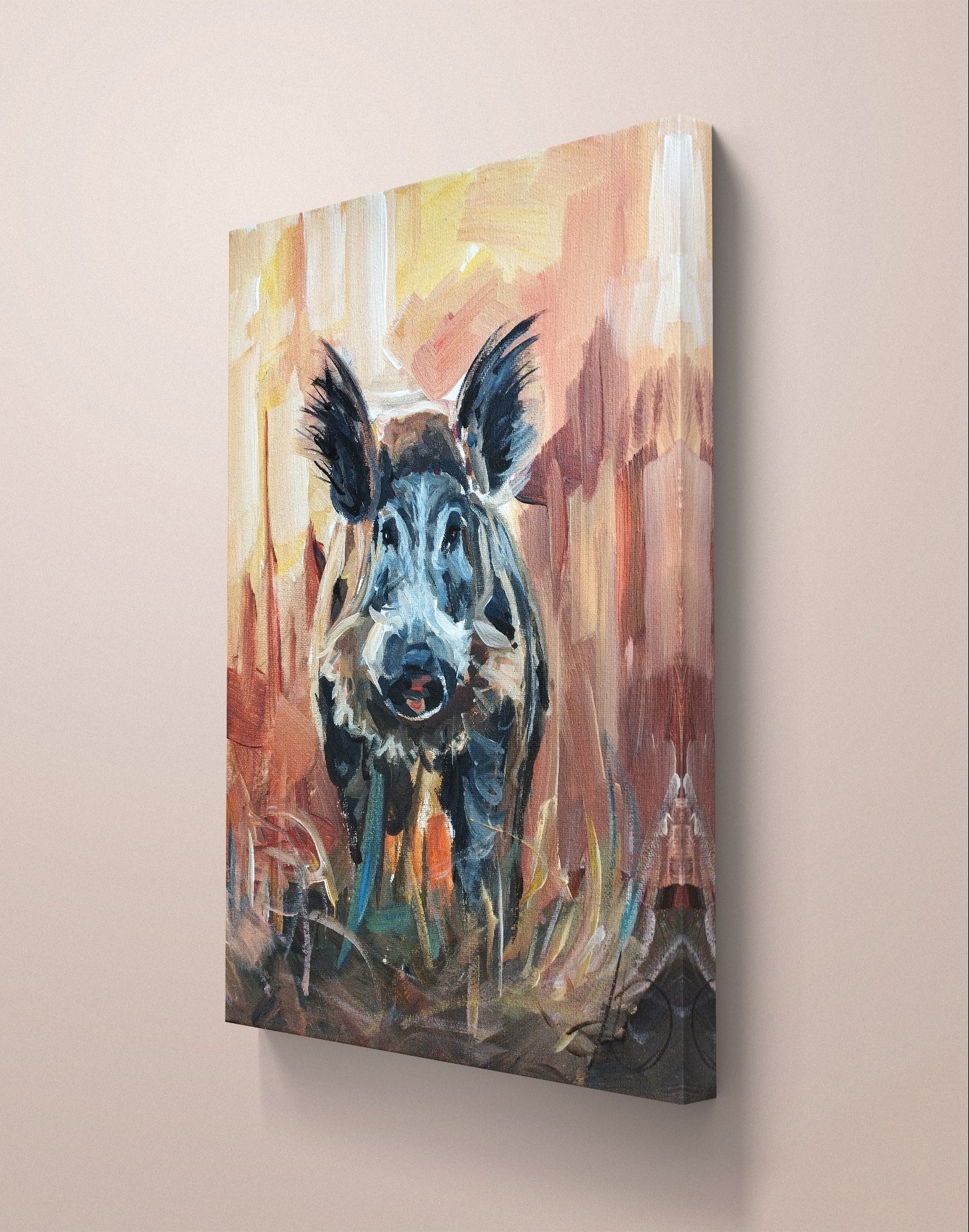 Heinz Acrylbild Gemälde „Wildschwein im Morgenlicht“ 30 x 40 cm